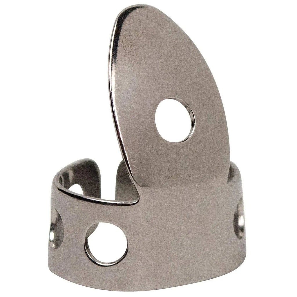 Four metal guitar finger stalls with silver tone finish for musical instrument playing