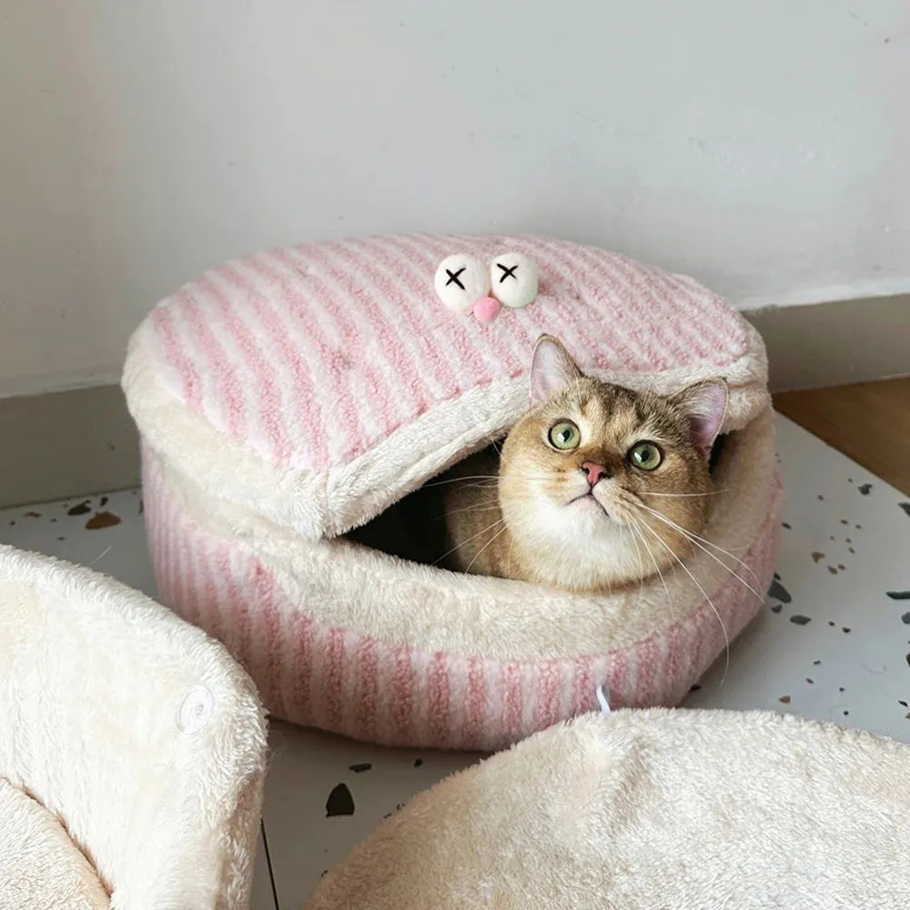 Causeway Braised Sandwich Cat Nest, warm velvet cat bed, 45cm diameter, pink colour, removable lid