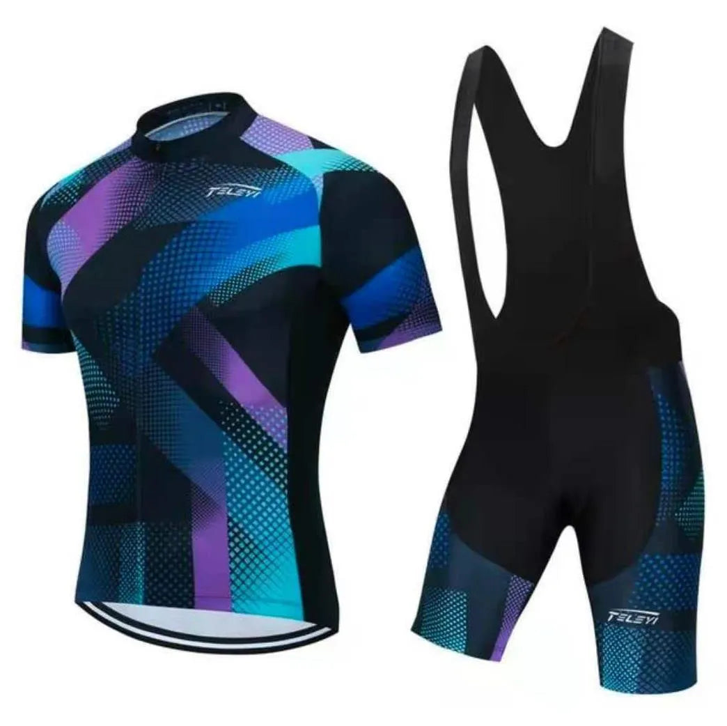 Cycling jersey and shorts set for summer road and mountain bike riding with moisture wicking properties