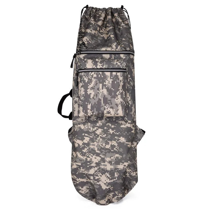 Black waterproof nylon skateboard backpack on a bench, showing its size and straps for carrying long equipment.