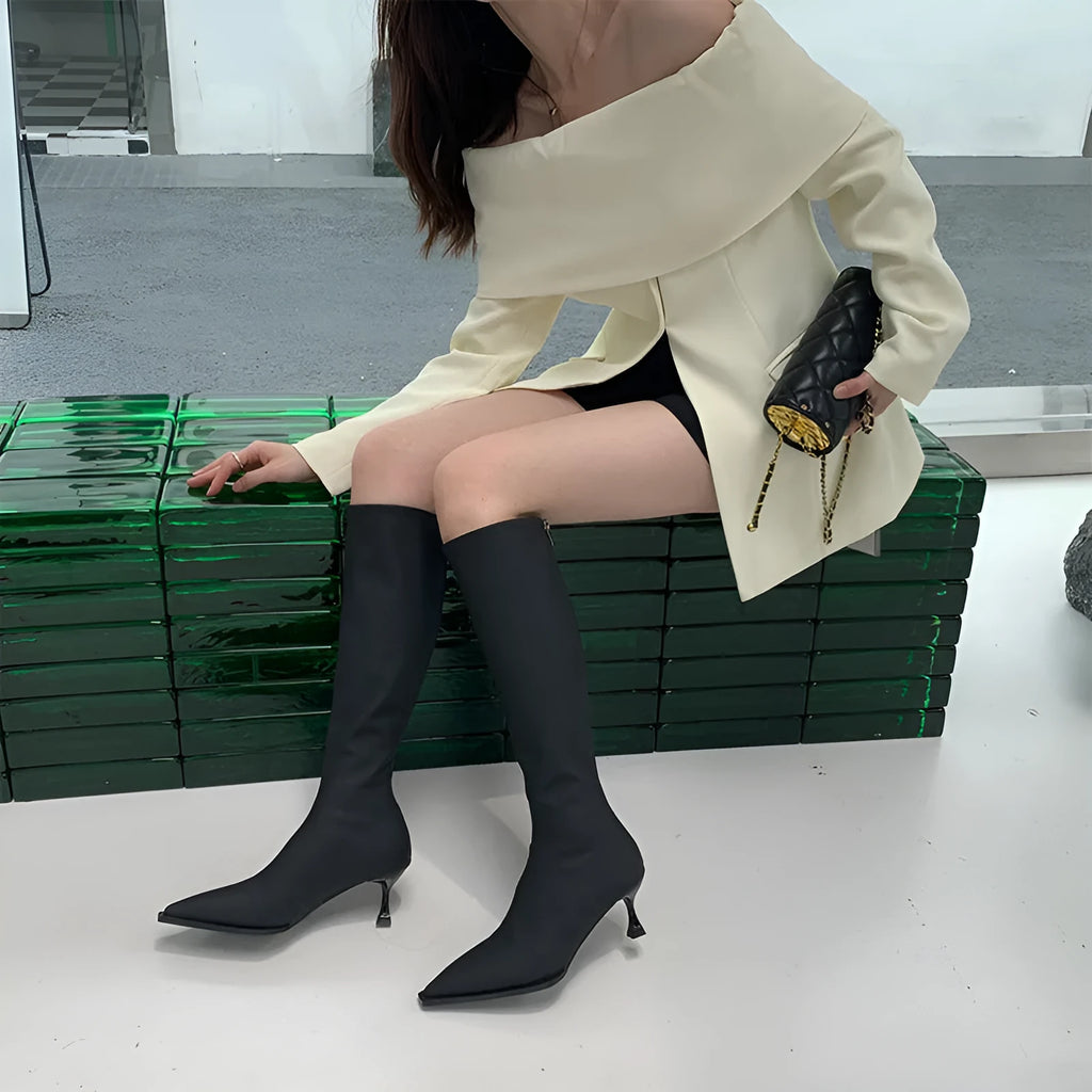 Women's pointed toe knee-high boots in black with a stiletto heel and a visible back zipper closure.