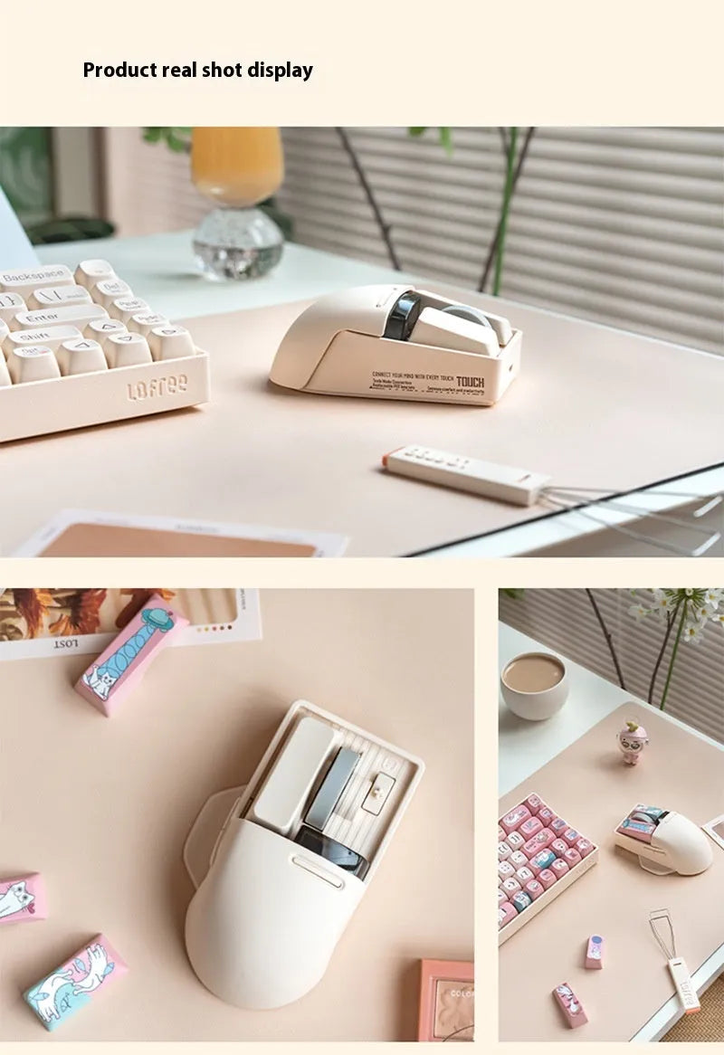 Xiaoqiao tofu-coloured wireless mouse with Type-C cable and USB receiver on a desk.