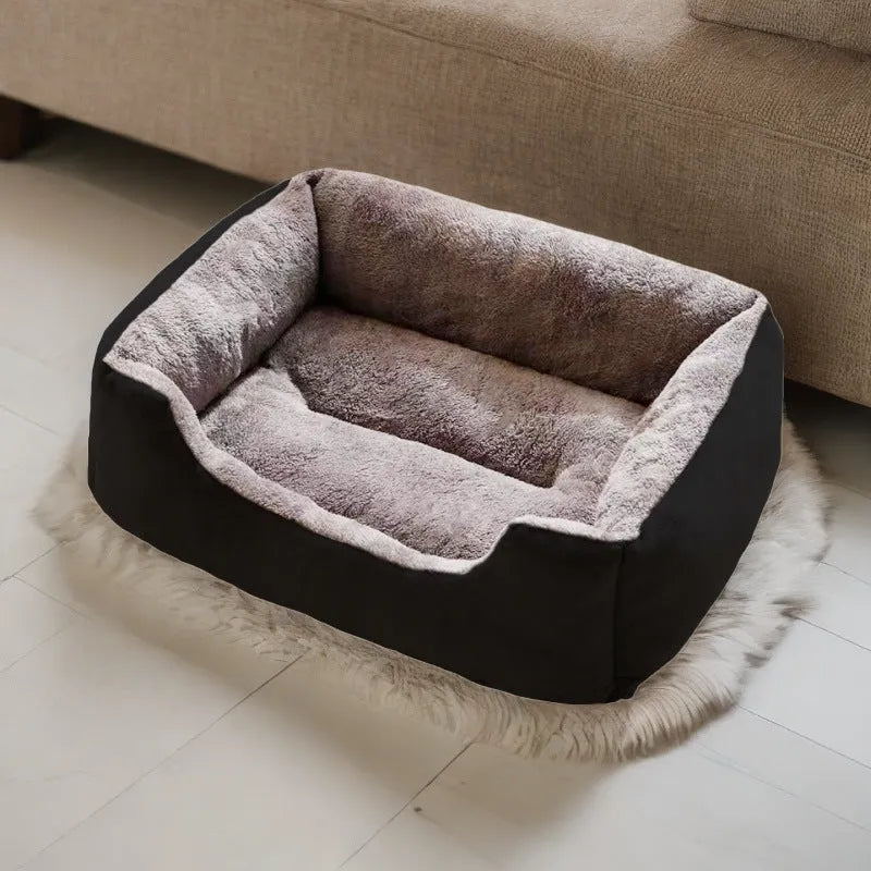 Short plush pet cushion bed for cats and dogs in grey colour, shown in L size 60x45 cm.