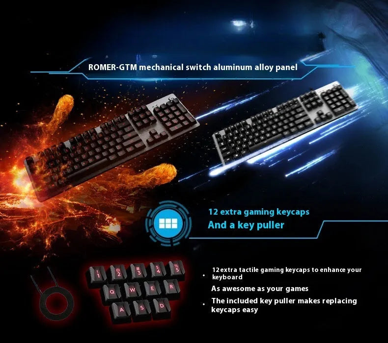 G413 104-key mechanical keyboard with metal panel and backlight, USB wired, in black red light or silver white light