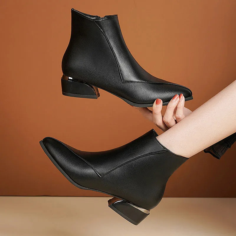 Women's chunky heel Martin boots in black with side zipper and leather stitching, mid heel 3-5CM, rubber sole