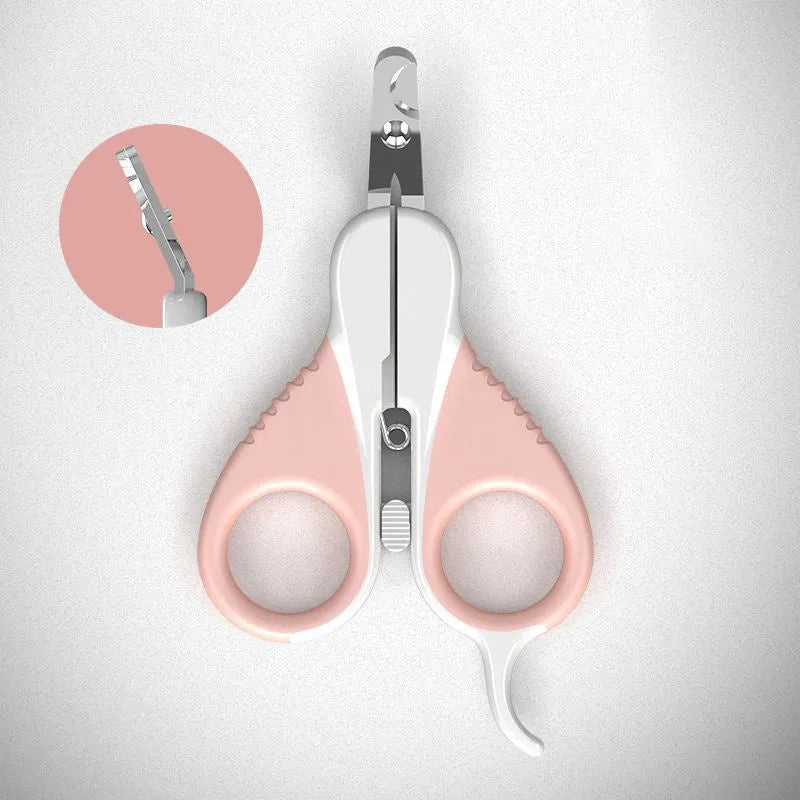 Grey and pink angled cat nail clippers with safety guard and rubberised handles.