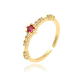 Women's copper petal ring with adjustable open band, electroplated finish, micro-inlaid detail, rose pink or green