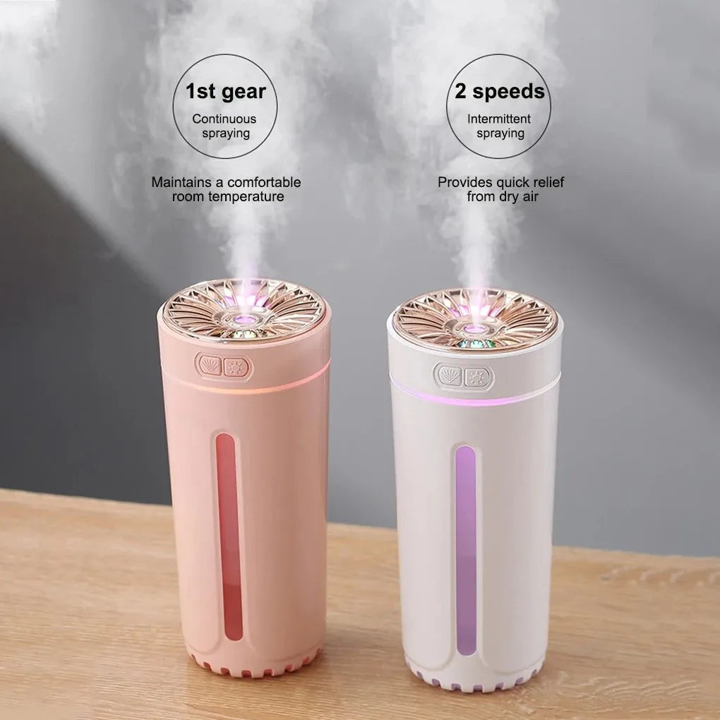 Black USB car humidifier with LED lights placed in vehicle cup holder showing mist output