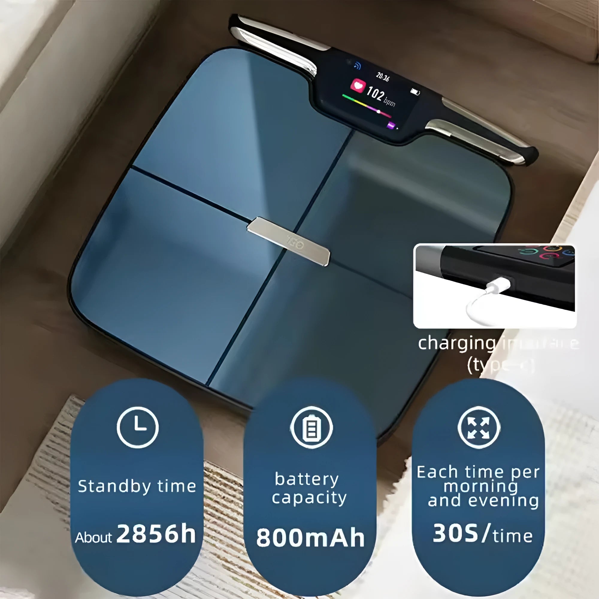 Black eight-electrode body fat bathroom scale with digital display showing weight and body composition metrics