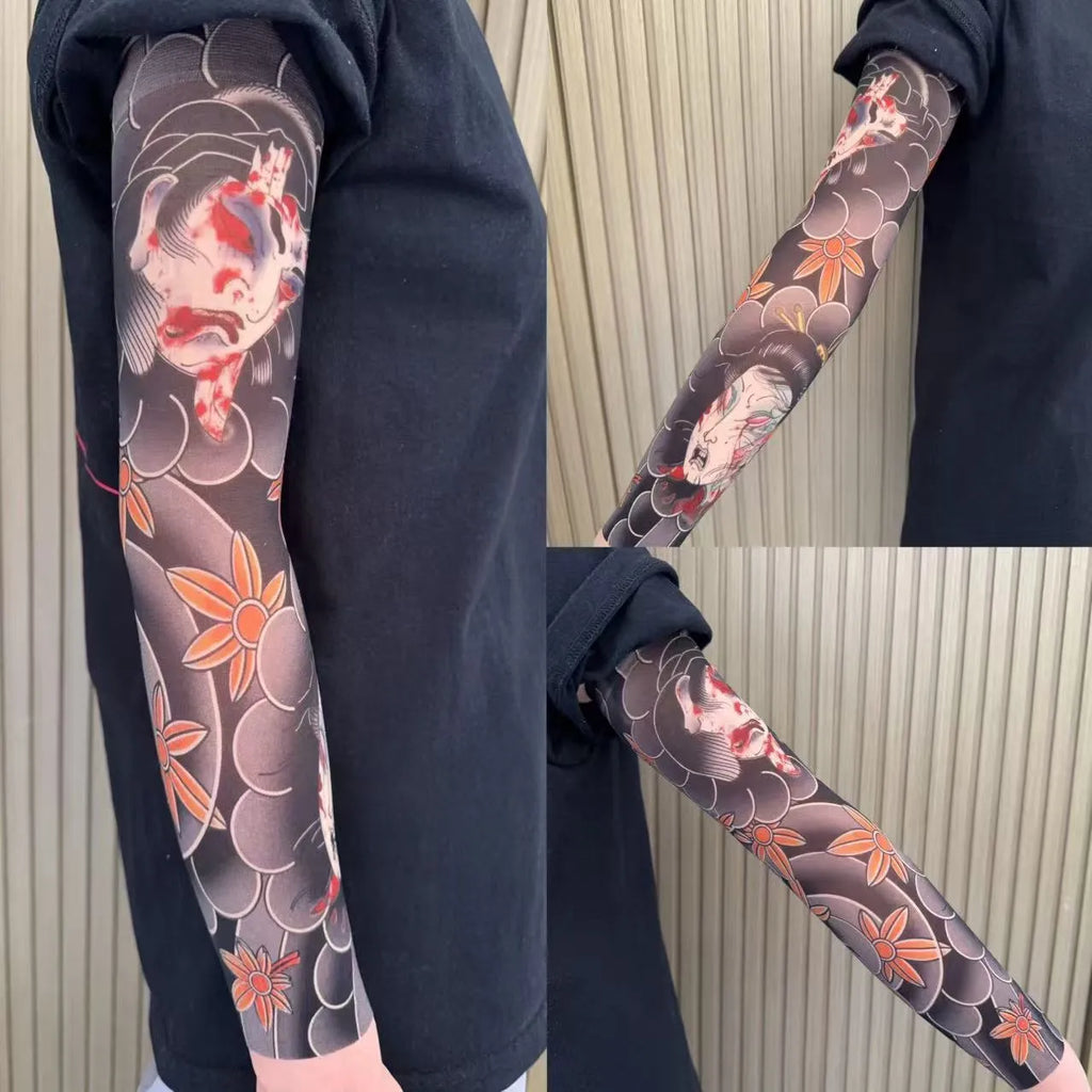 Unisex nylon sun protection ice sleeve in flower arm design with colour options like dragon, crane, and peony