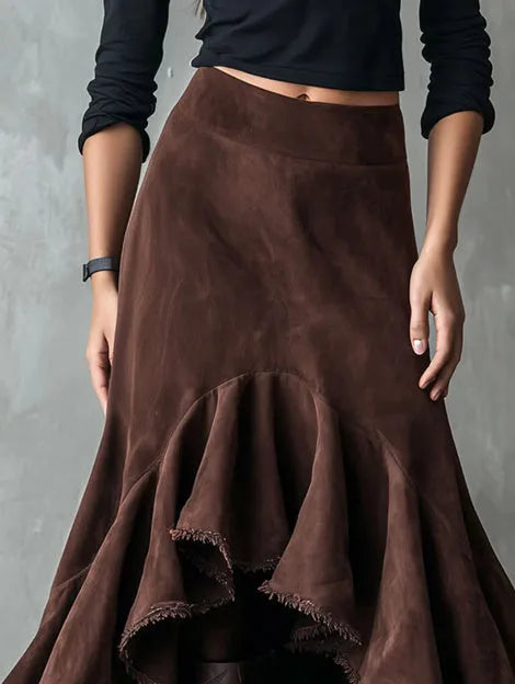 Brown women's maxi skirt with high-low hem and front ruffle detail