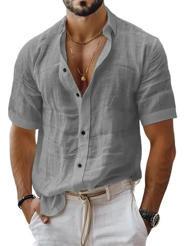 Men's short sleeve lapel shirt in blended cotton linen fabric shown in solid colour options