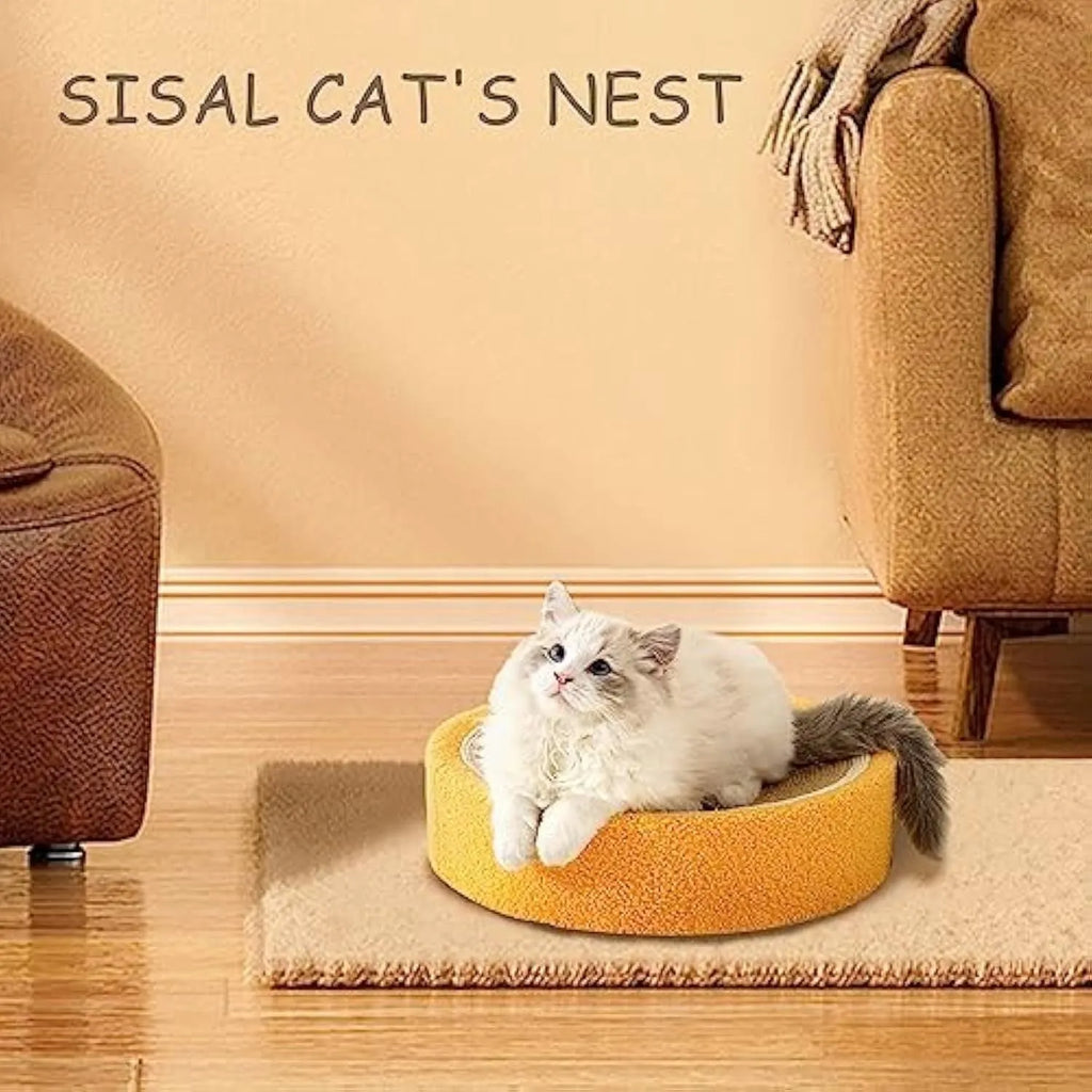 Yellow round fruit-shaped sisal cat scratching board with a shallow centre, shown on a floor.