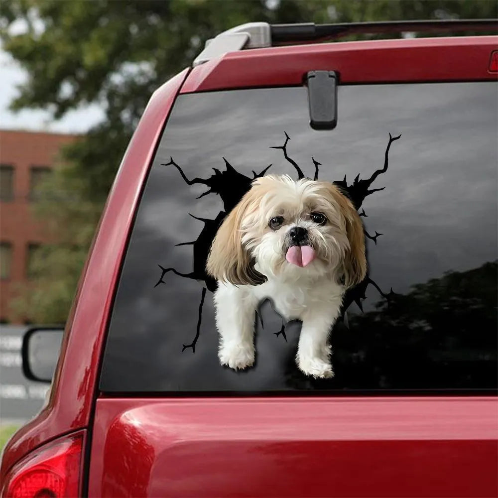 Torn design reflective sticker of a dog silhouette for car windows, available in large, medium, and small sizes.