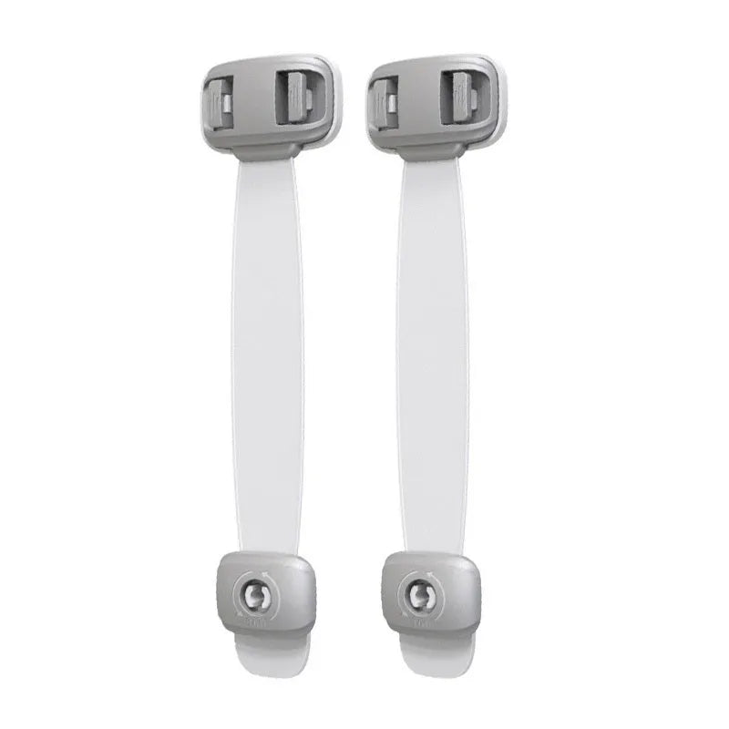 Adjustable grey child safety lock with strap for cabinets and drawers using 3M adhesive tape