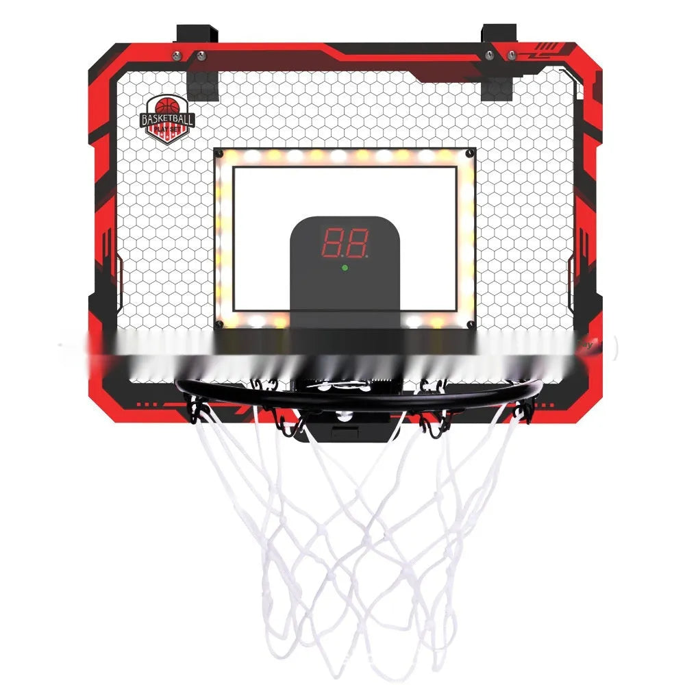 Red folding basketball frame with suction cup mount and 16cm ball, shown in a child's bedroom.