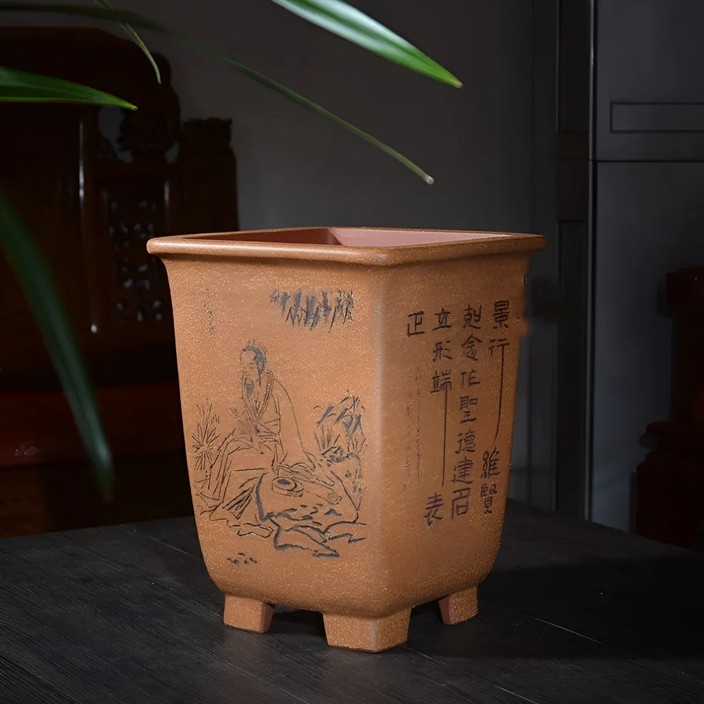 Square purple sand ceramic flower pot with hand-carved detailing for clivia and orchids