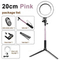 26cm RGB LED ring light kit with tripod stand, selfie stick, phone clip, and Bluetooth remote on a white background