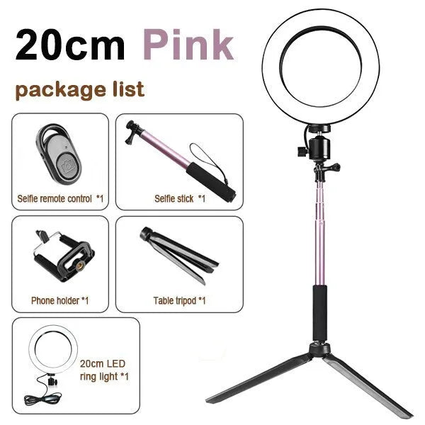 26cm RGB LED ring light kit with tripod stand, selfie stick, phone clip, and Bluetooth remote on a white background