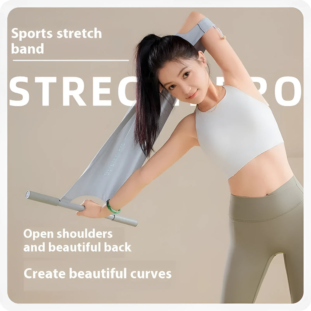 Grey and pink yoga multi-function stretching tool for shoulder, back, and hip flexibility on a plain background.