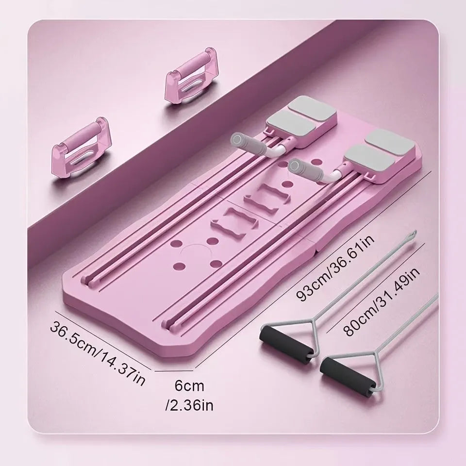 Pink and blue multifunctional supine fitness board for home abdominal workouts on a flat surface.