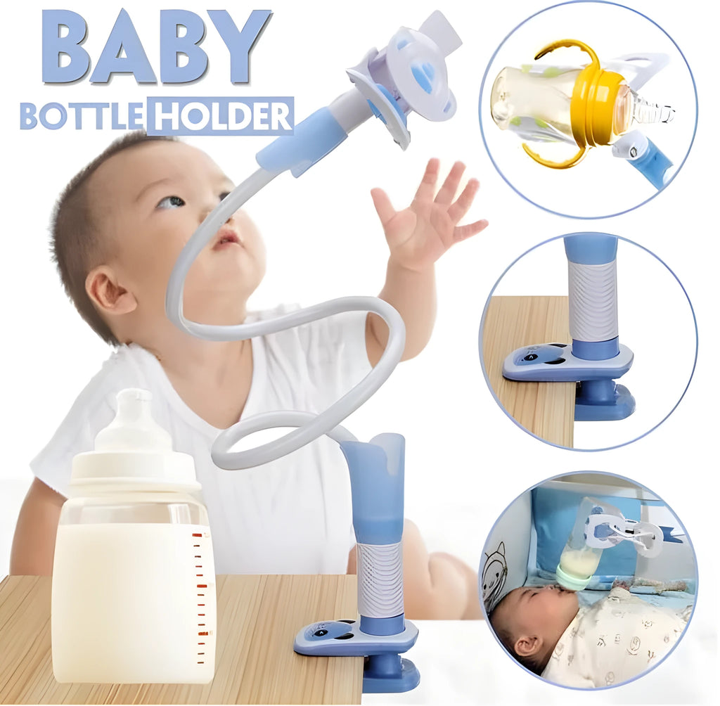 Blue extendable feeding bracket for nursing mothers showing adjustable extension mechanism
