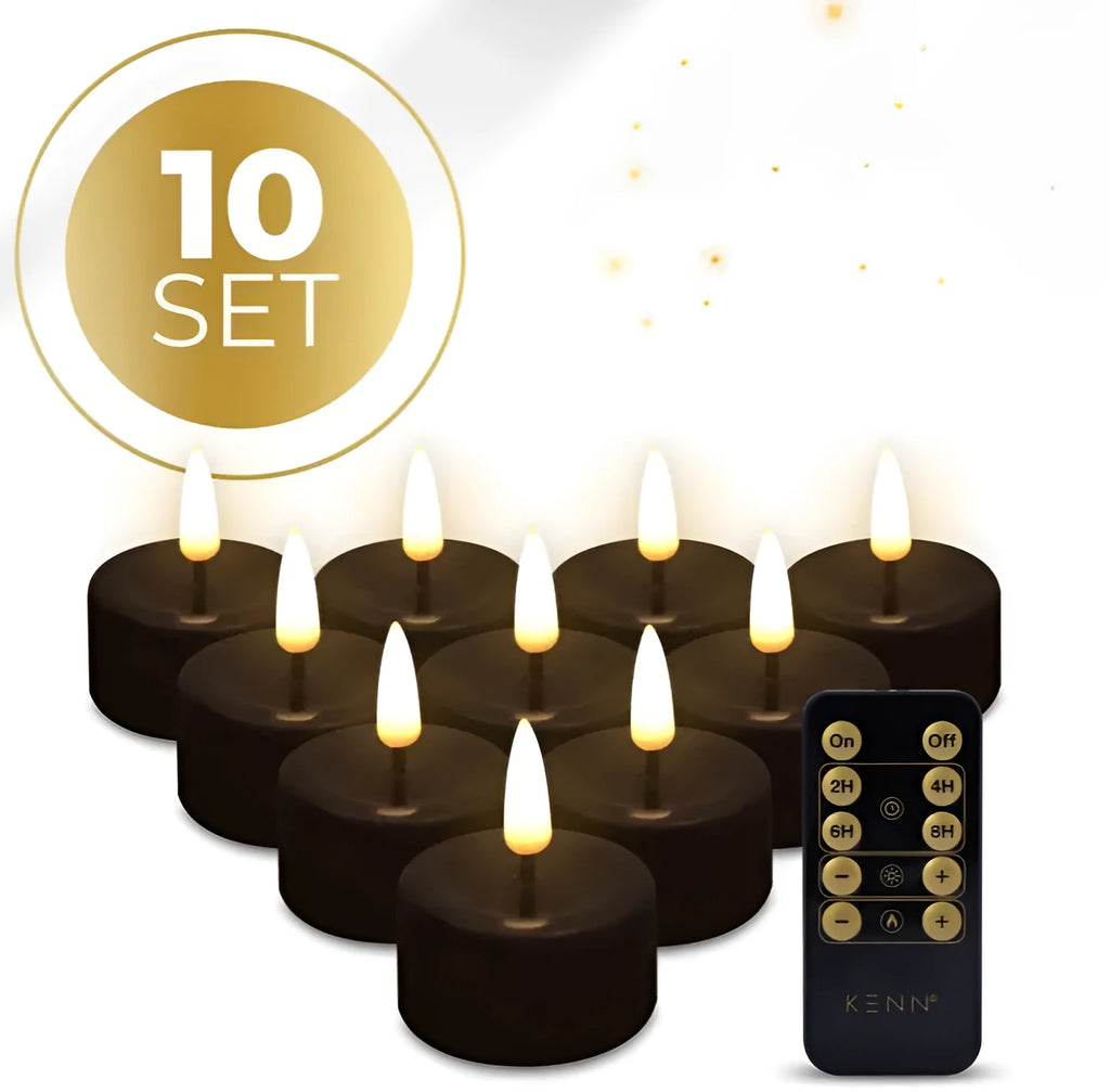 Black LED tealight candles with D4.1 x H5 cm dimensions in four-pack for flameless lighting