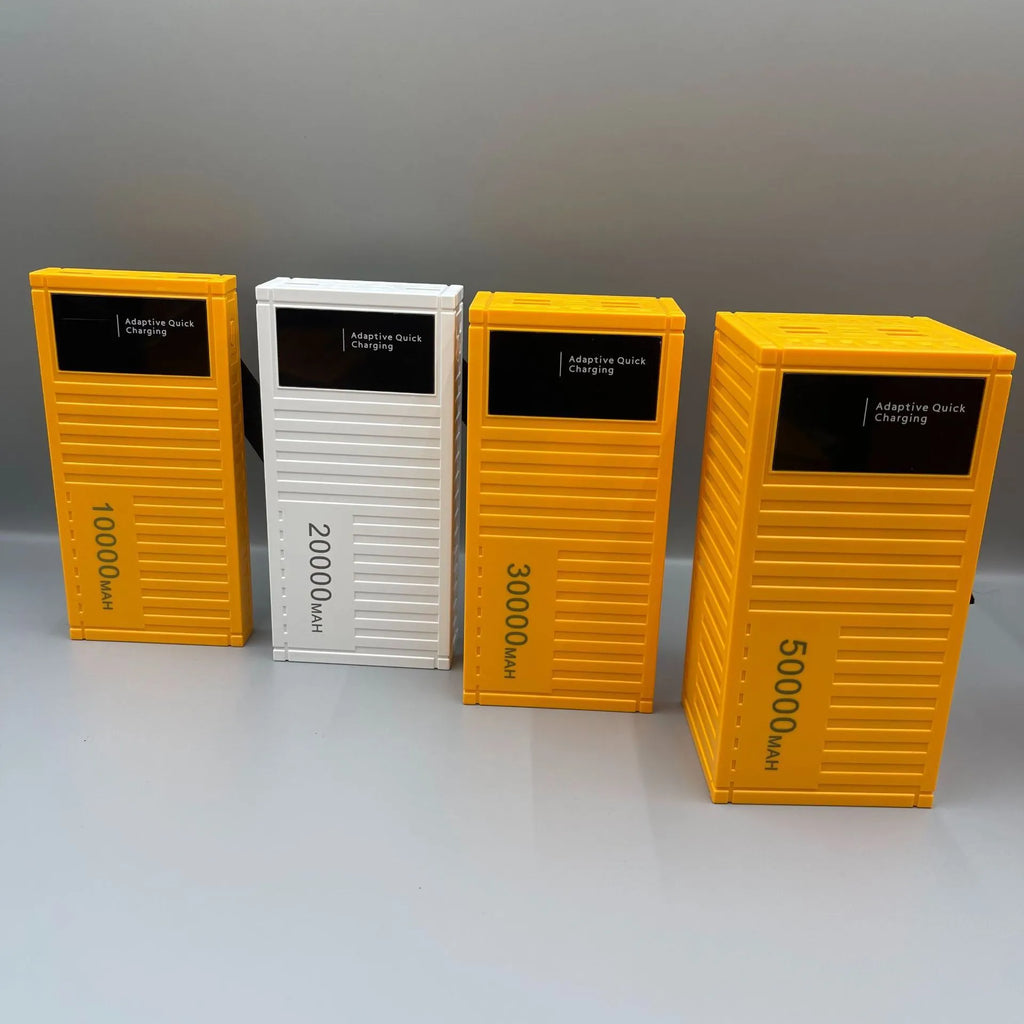 50000mAh black power bank with digital display, PVC shell, compact 145x70x65mm size