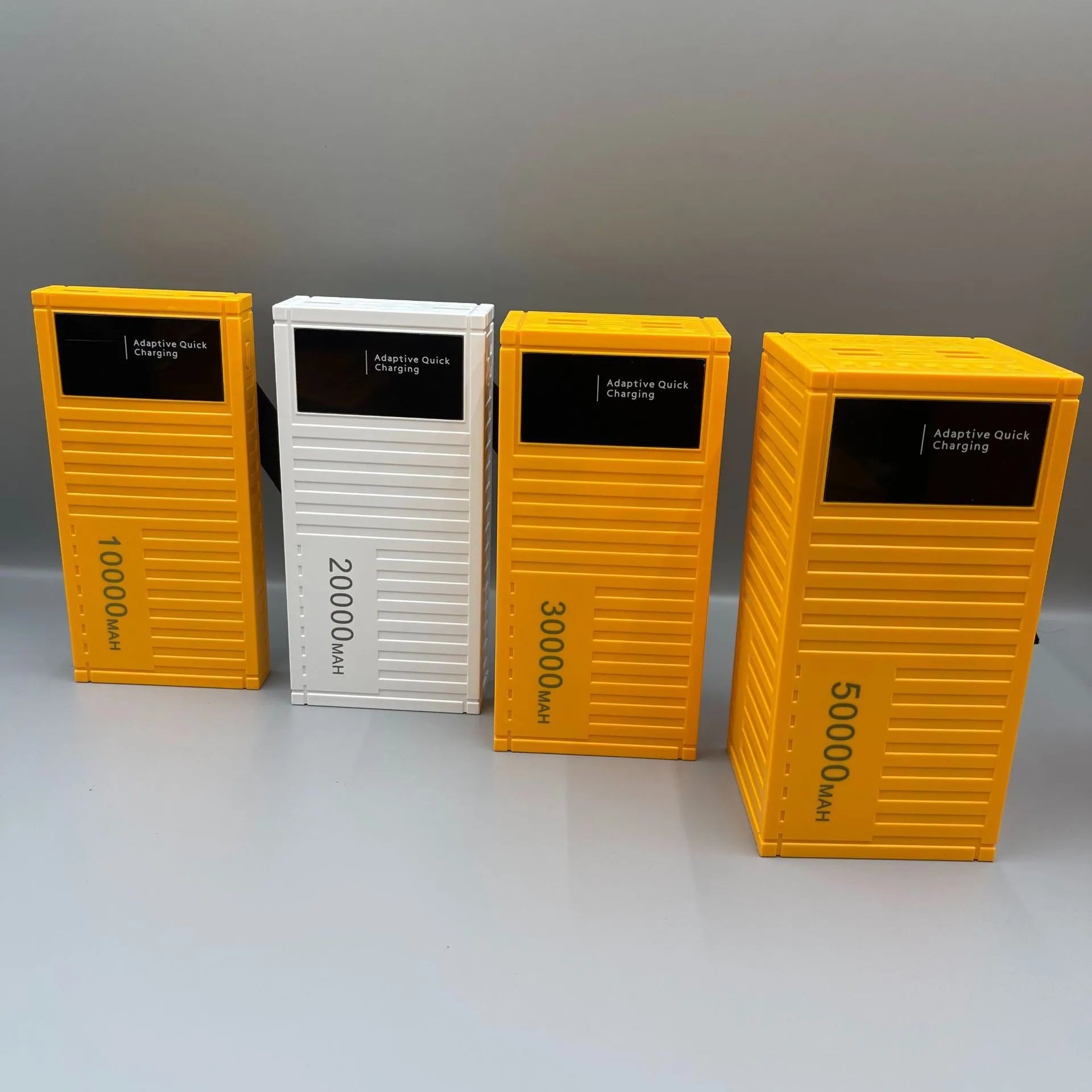 50000mAh black power bank with digital display, PVC shell, compact 145x70x65mm size