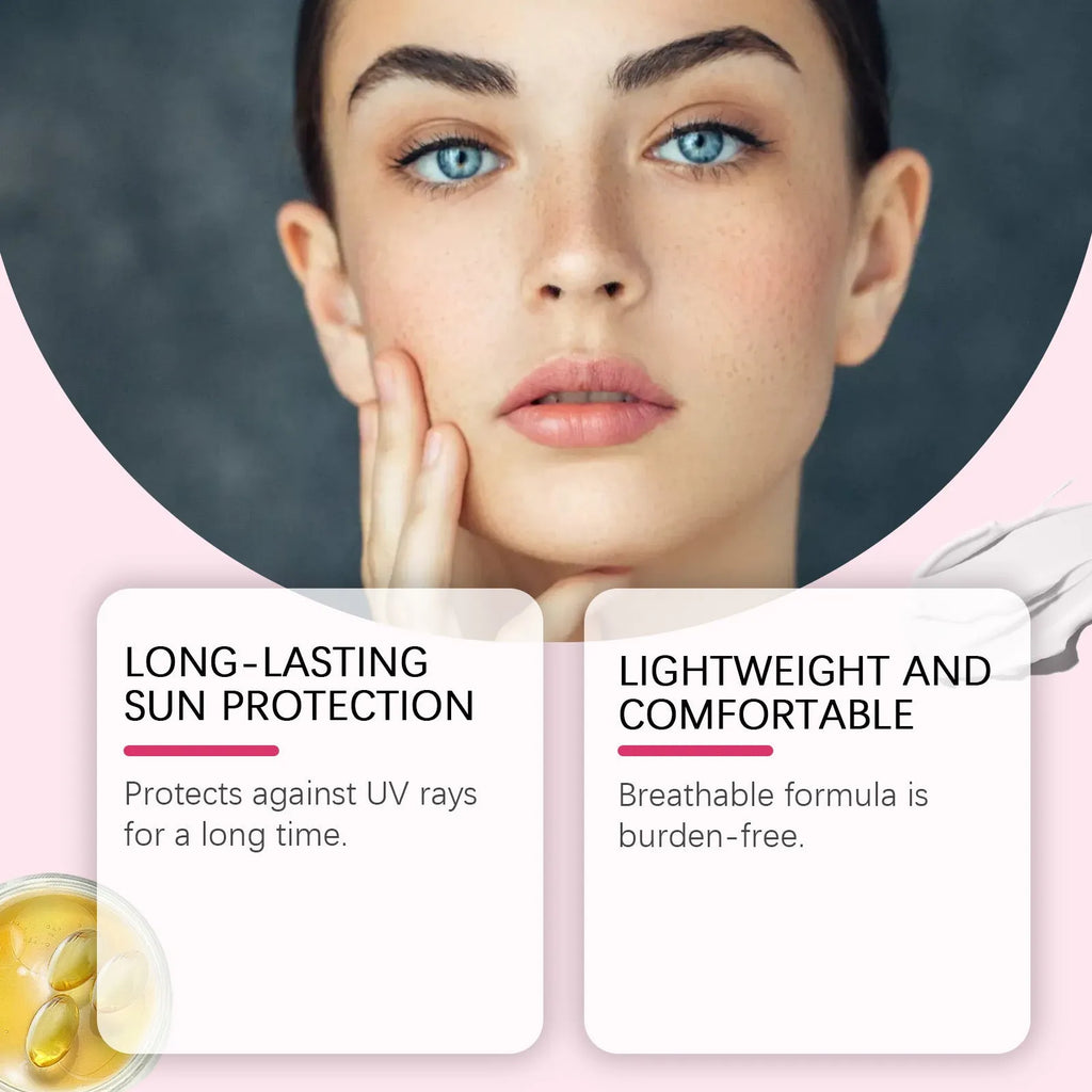 Lightweight sunscreen cream in 50g packaging with natural extracts for all skin types