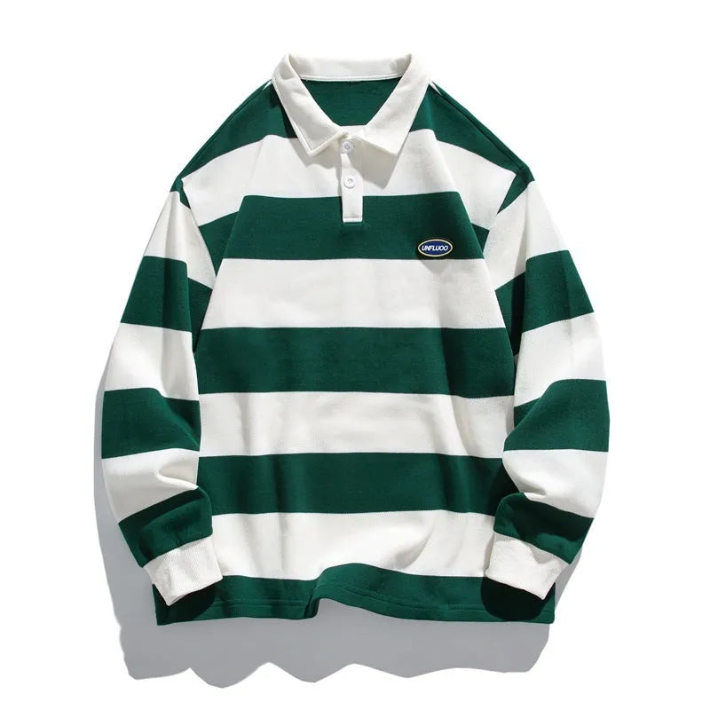 Hong Kong style striped lapel polo shirt in loose fit, shown in coffee colour