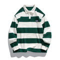 Hong Kong style striped lapel polo shirt in loose fit, shown in coffee colour