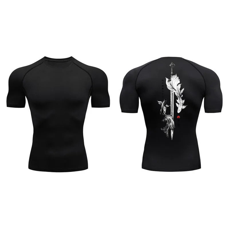 Men's short sleeve shirt with sword pattern print in lightweight polyester blend fabric