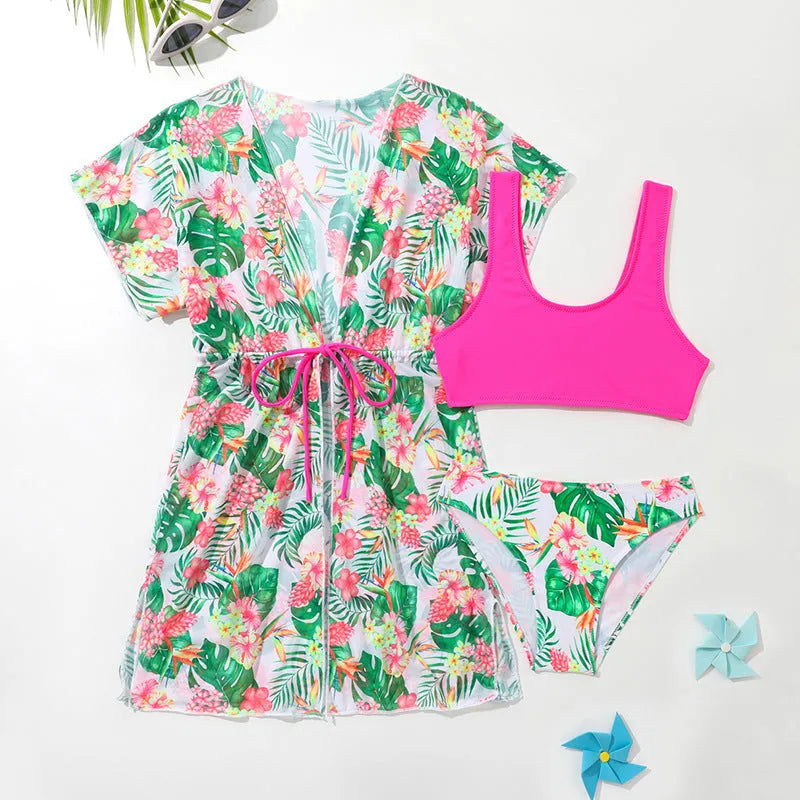 Girls' floral print two-piece swimsuit for swimming in sizes 130cm to 160cm.
