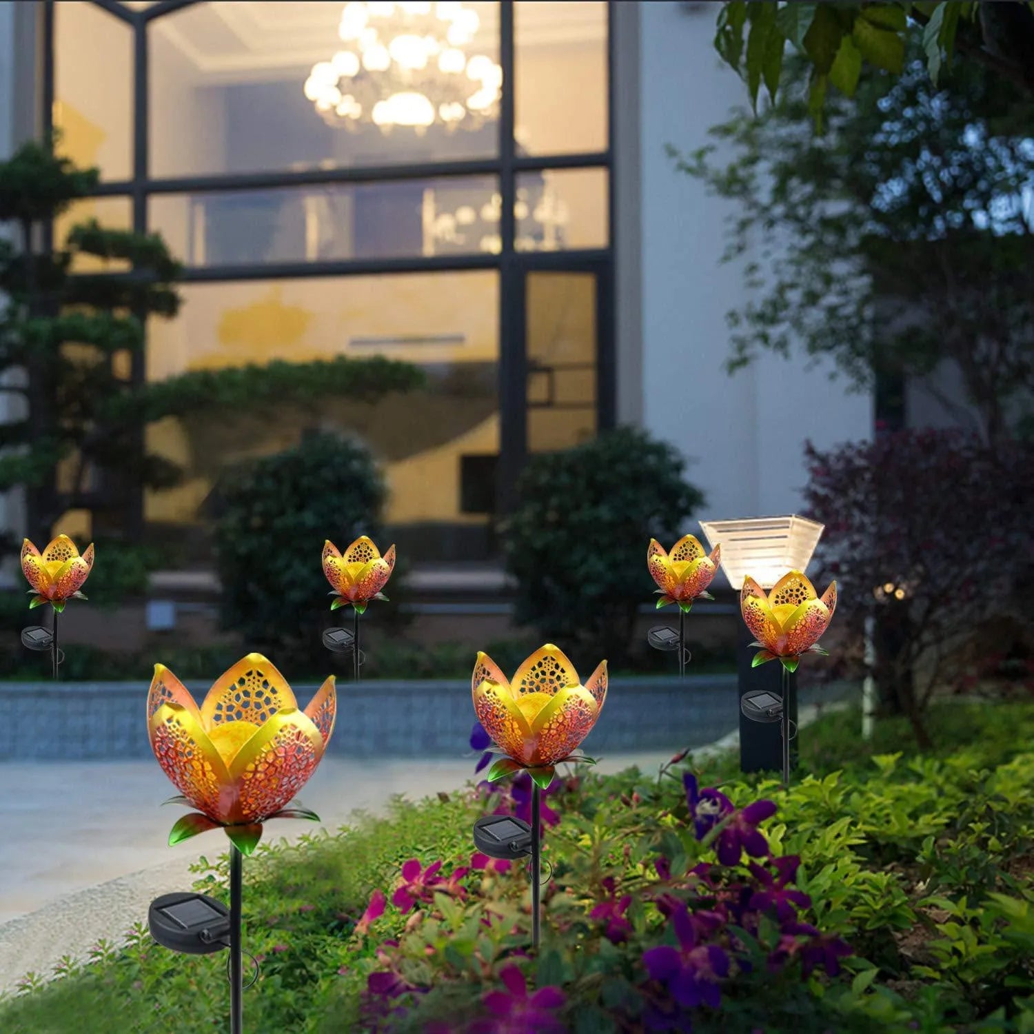 Solar lawn light 450mm tall with warm light LED in garden setting, available in single and twin pack options