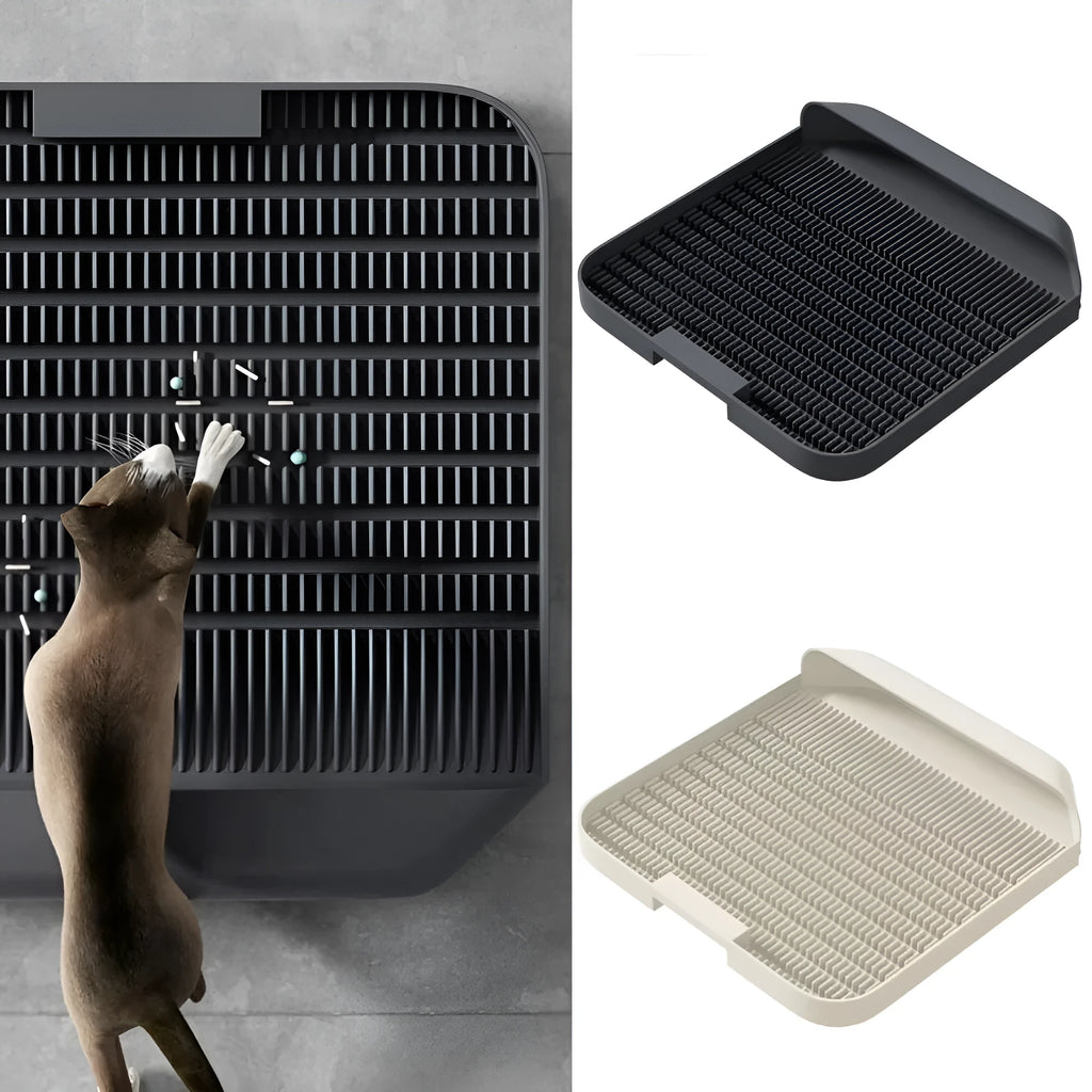 Black cat litter pedal with slanted design and textured grooves for litter containment