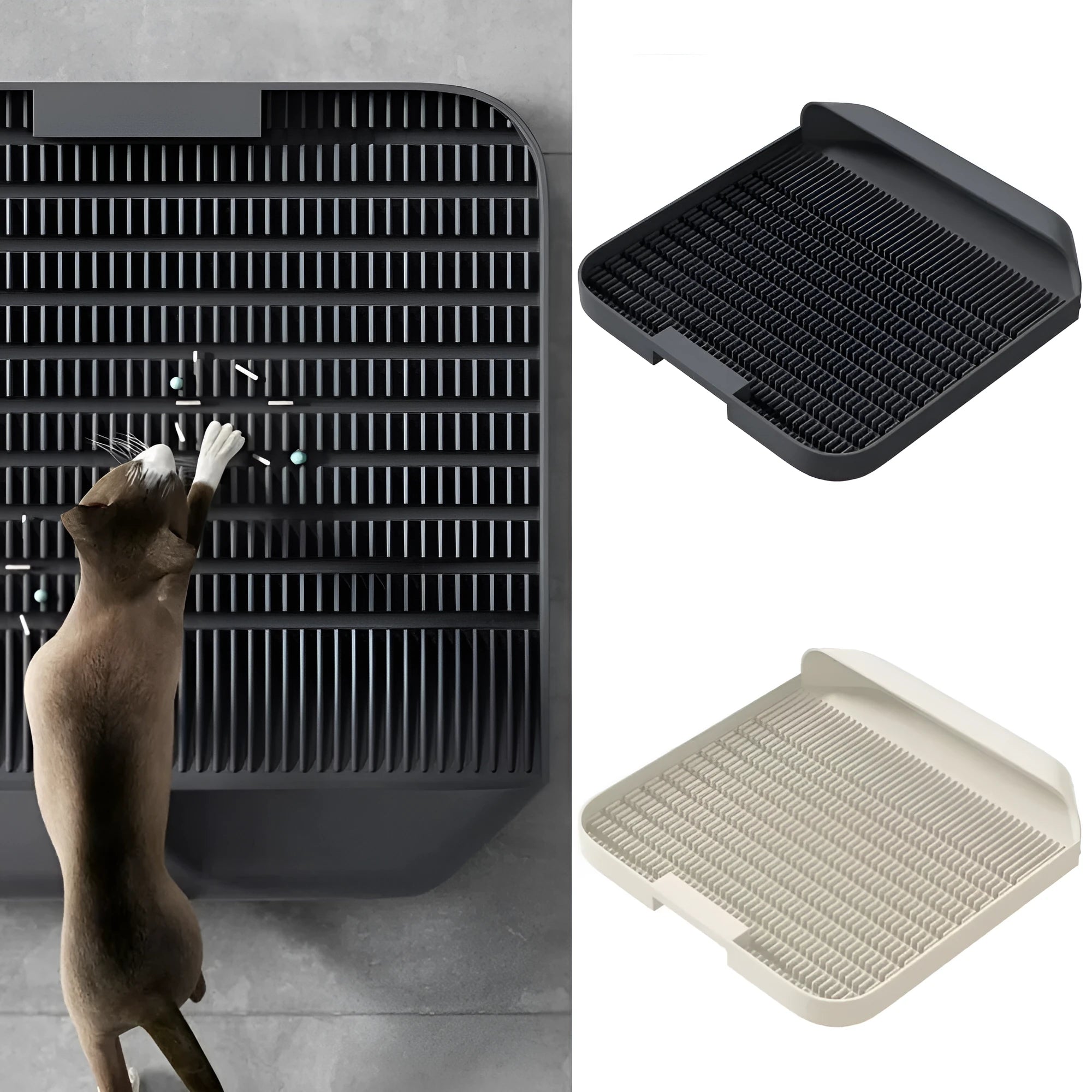 Black cat litter pedal with slanted design and textured grooves for litter containment