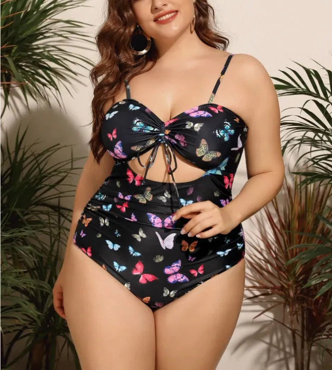 Plus size women's black one piece swimsuit with print pattern, high elasticity polyester fabric, size 2XL