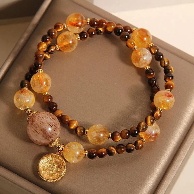 Natural citrine tiger-eye bracelet double circle yellow tower crystal inlaid women's accessory