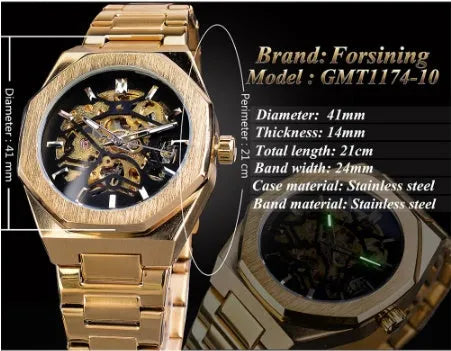 Mechanical automatic watch for men with skeleton dial, stainless steel case, genuine leather band, 41mm