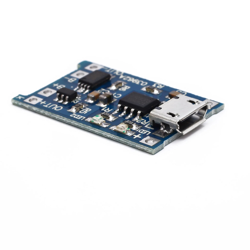 Small blue lithium battery charging and protection circuit board with labelled solder pads.