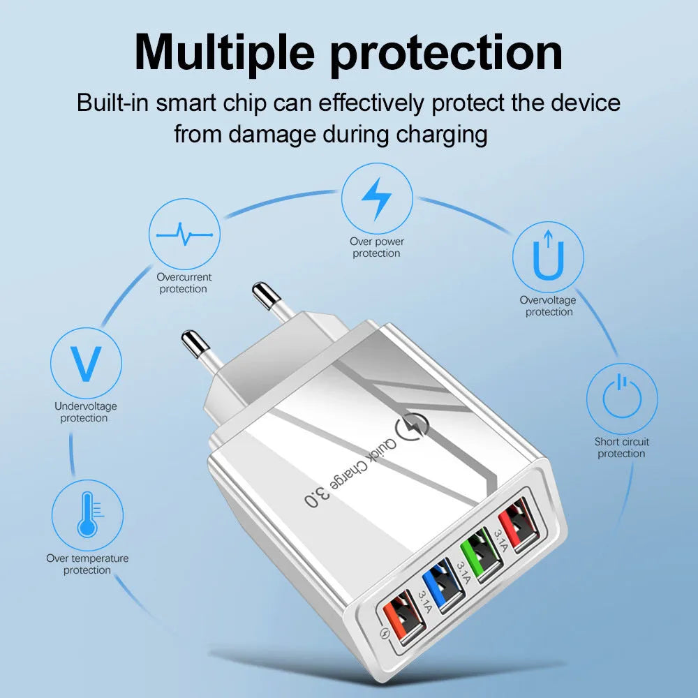 Four-port USB charging head with luminous indicator in black and white colour