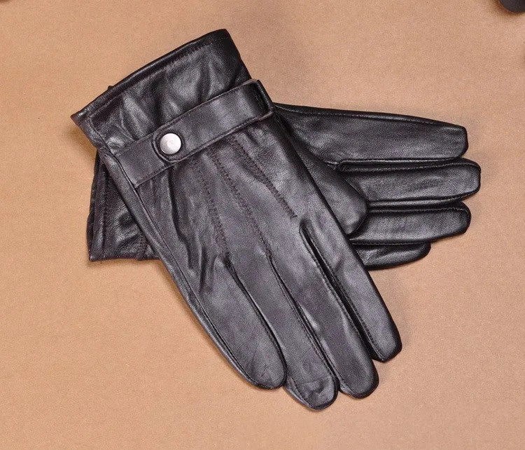 Men's sheepskin leather warm finger gloves in black or dark brown, monochrome, one size