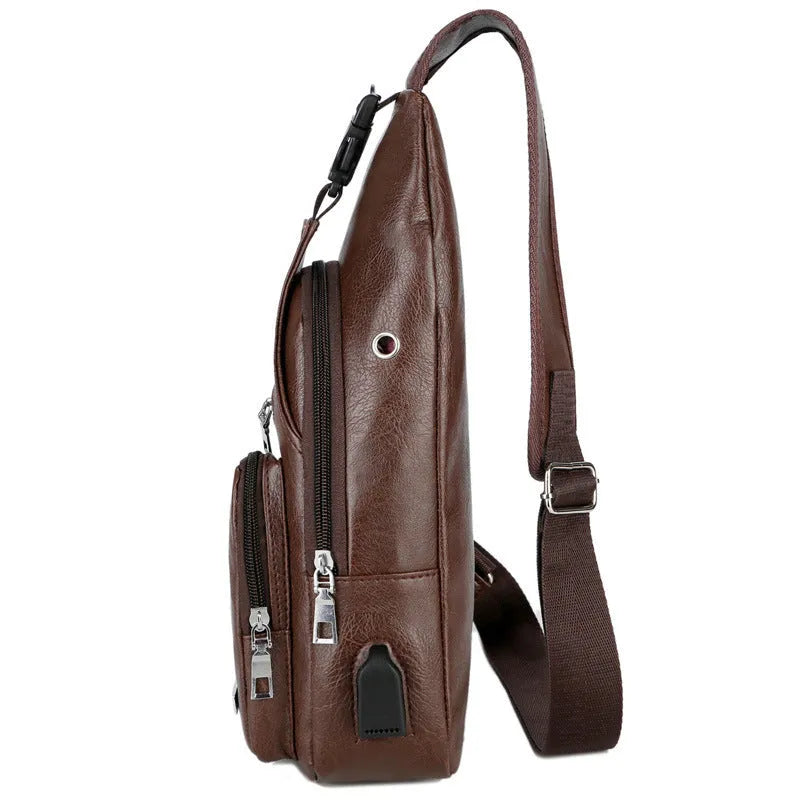 USB portable charging chest bag messenger bag small PU leather black with hardware slider front pocket