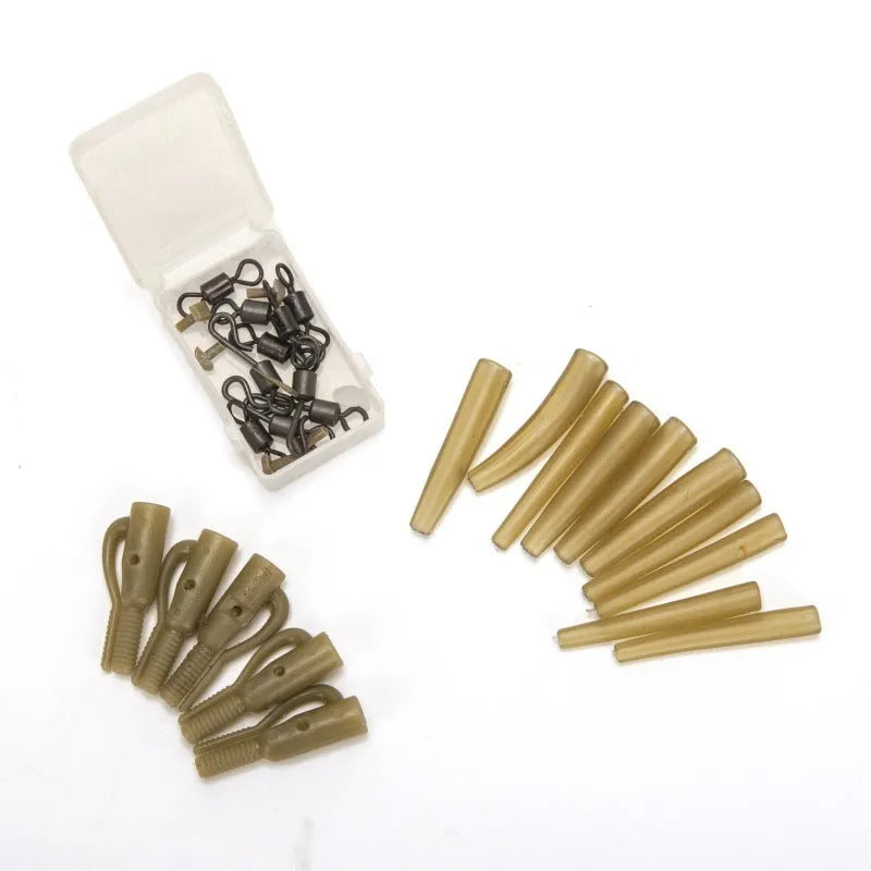 30-piece European carp fishing accessory set with pipes, hoses, rotation pieces, and screws.