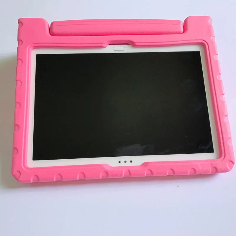 Huawei Enjoy tablet inside a protective EVA foam case, showing colour and style options like black business design and pink cartoon.