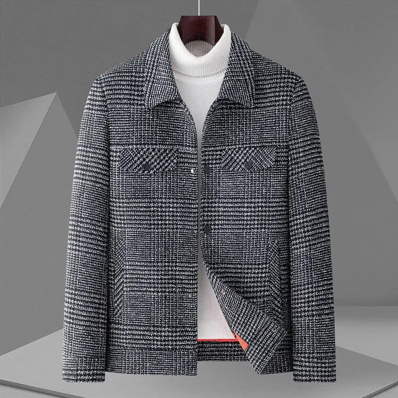Autumn men's casual check lapel jacket in gray, loose fit with welt pocket, front view