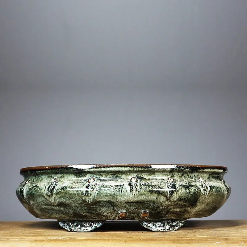 Handmade ceramic flower pot with 48cm diameter in dark Kun glaze from Guangdong Foshan
