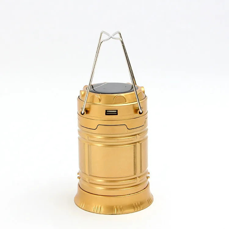 6 LED solar camping lantern with white light, two stainless steel hooks, and lightweight plastic body in black