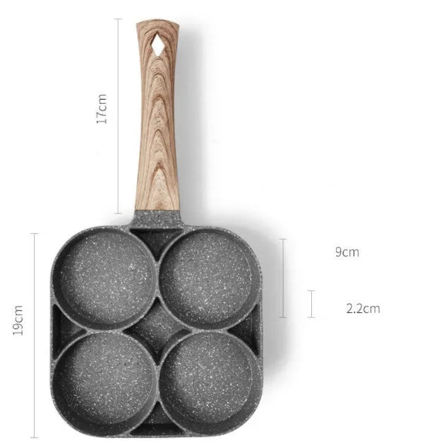 Aluminium four-hole non-stick frying pan with bakelite handle, silicone spatula, and oil brush